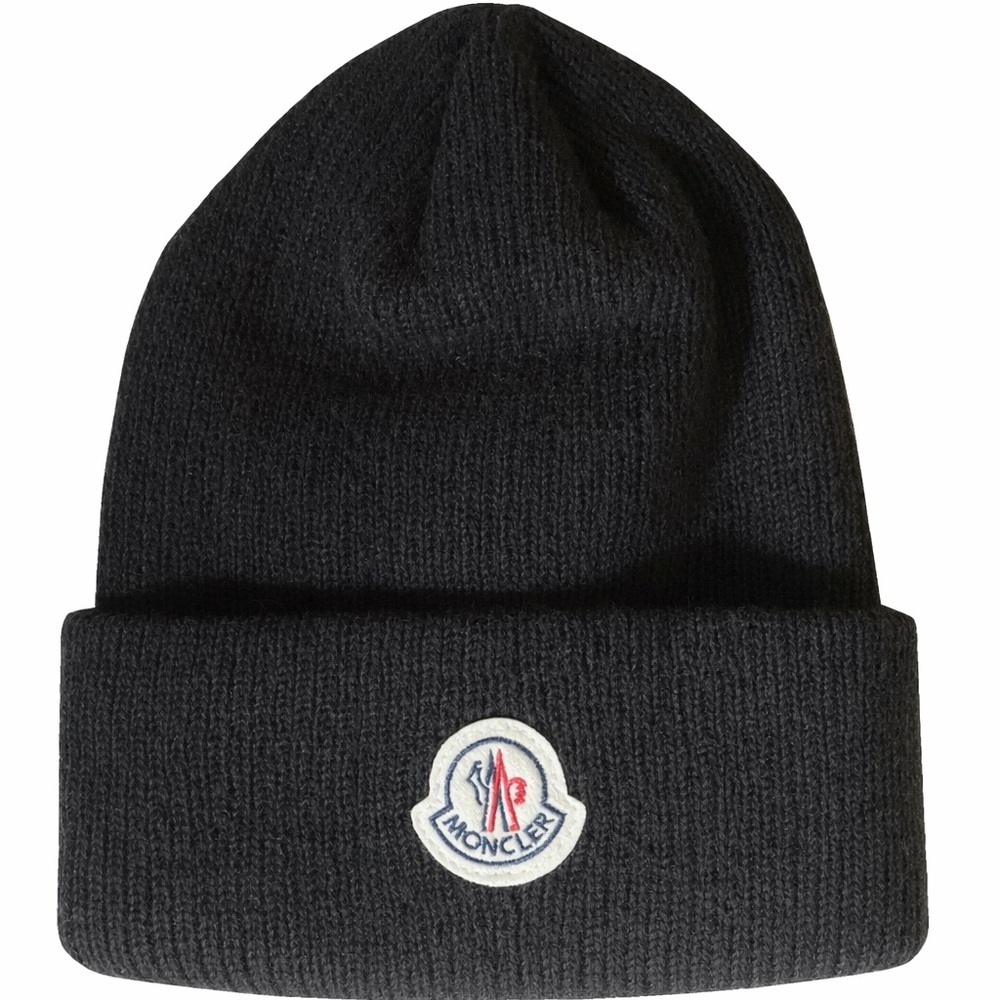 Moncler Black Knit Cuffed Beanie with Logo Patch